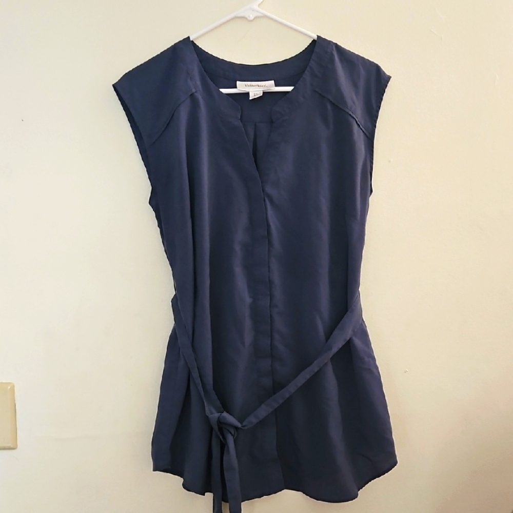 Small Motherhood Maternity‎ Top Blue Tie Front Blouse with Mandarin Collar